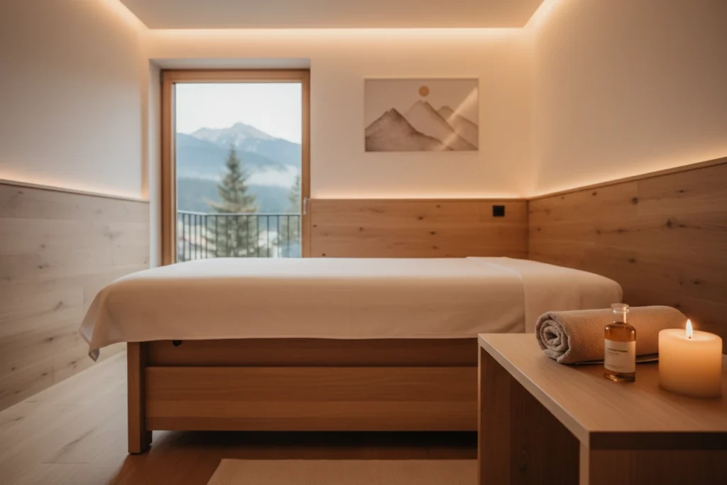Gabinet masażu w Karpaczu – łóżko do masażu z widokiem na góry, przygotowane do zabiegu masażu kręgosłupa