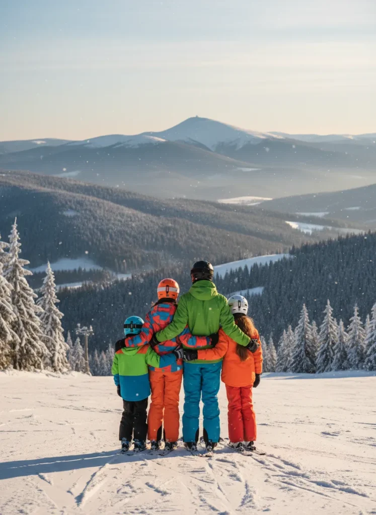Rodzina narciarzy (rodzice i dwoje dzieci) stojąca tyłem na stoku w Karpaczu, podziwiająca panoramę Karkonoszy i Śnieżkę w zimowym słońcu.