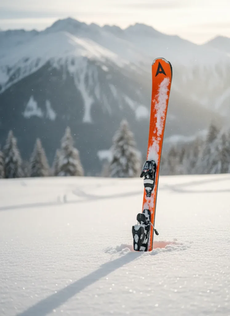 Pojedyncza narta wbita pionowo w puszysty śnieg na stoku narciarskim w Karpaczu, w tle ośnieżone szczyty Karkonoszy i lasy świerkowe pod słońce.