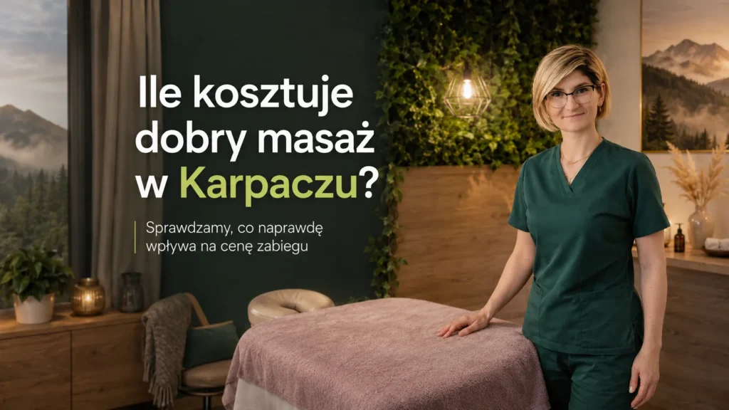 Grafika tytułowa artykułu o cenie masażu w Karpaczu — kobieta w zielonym uniformie kosmetologicznym stoi przy stole do masażu w przytulnym gabinecie spa z widokiem na góry przez okno.